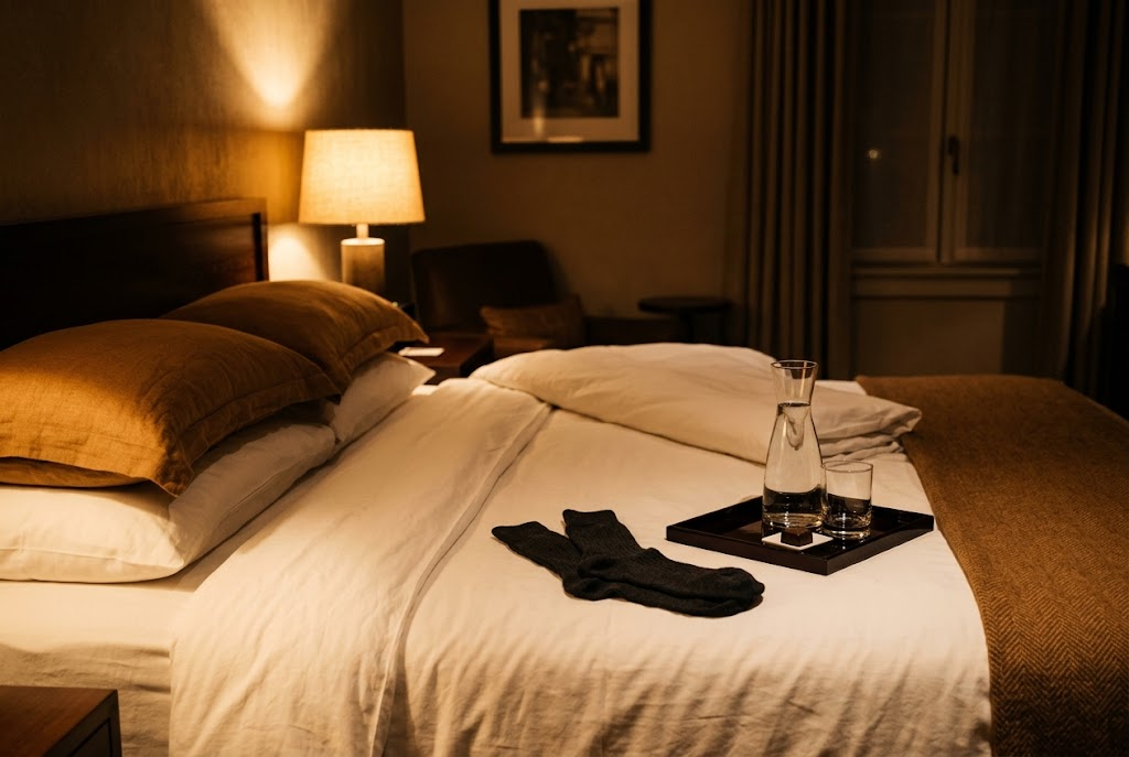 One folded pair of socks on a turned-down hotel bed beside a lacquer tray