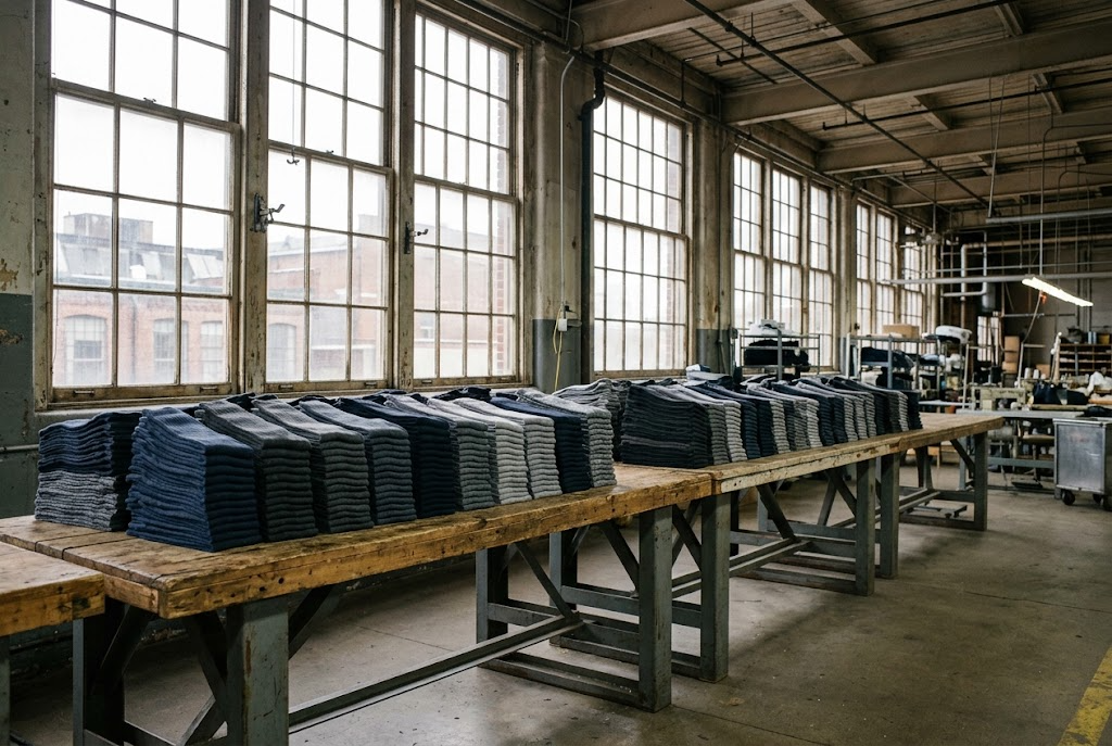 Long trestle table stacked with hundreds of folded socks grouped by colour