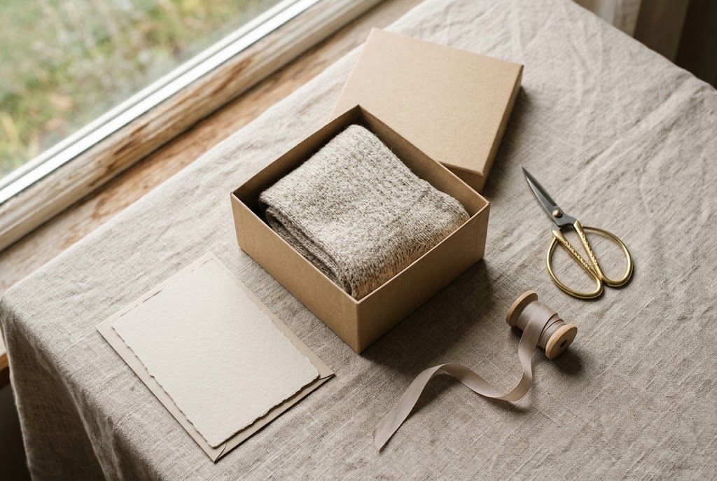 Folded oatmeal socks inside an open kraft gift box with ribbon and scissors on linen