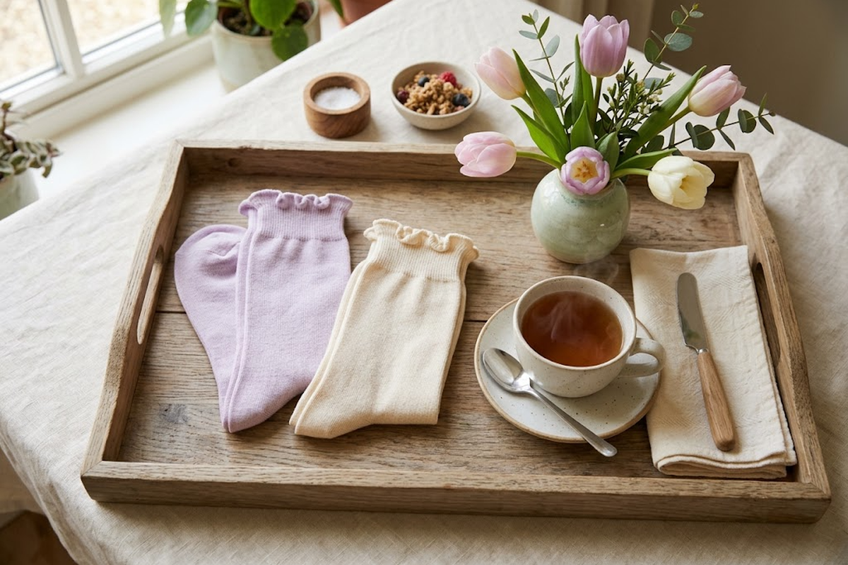 Two folded pairs of lilac and cream ruffle socks on a breakfast tray with tulips