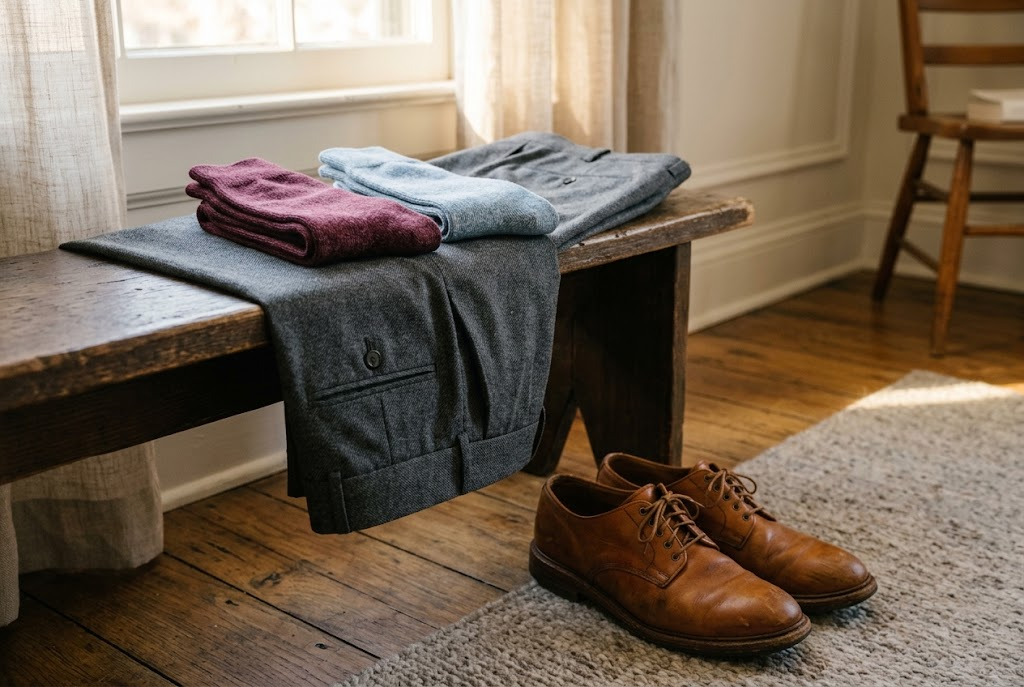 Burgundy and pale blue folded socks on grey suit trousers with tan derby shoes nearby