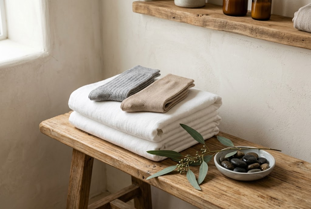 Folded socks resting on stacked white towels on a teak spa bench beside river stones