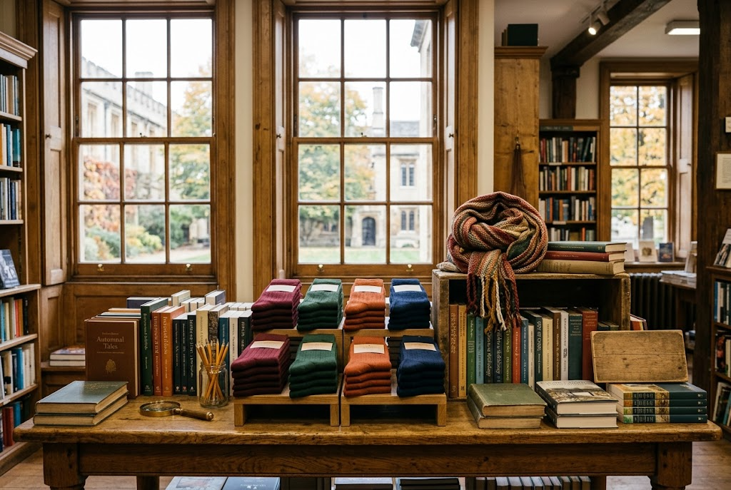 Display table of stacked folded socks between piles of hardback books and a scarf