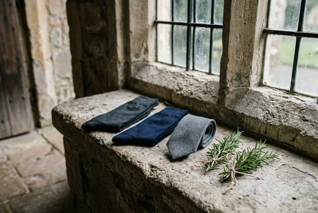 Two folded pairs of dark socks on a stone ledge with rosemary and a tie