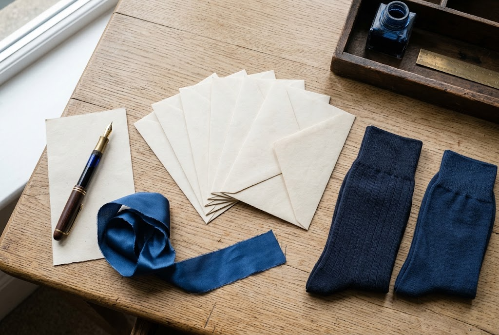 Overhead desk scene with blank envelopes, a fountain pen, ribbon and folded socks