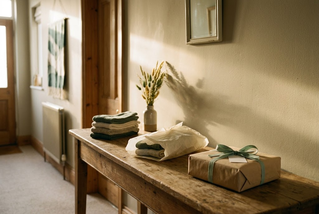 Three gift parcels at different wrapping stages along a narrow hallway console