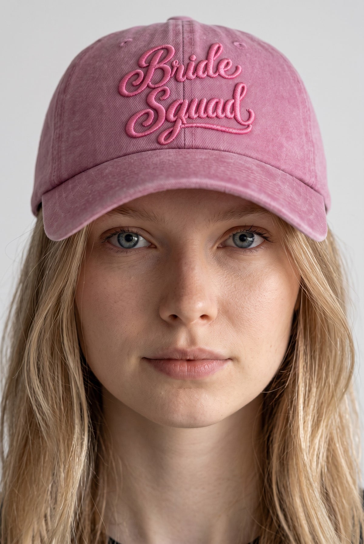 Bride Squad Hats worn by a model, front view