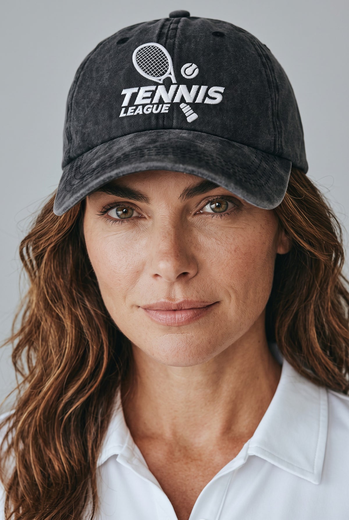 Tennis League Hat worn by a model, front view