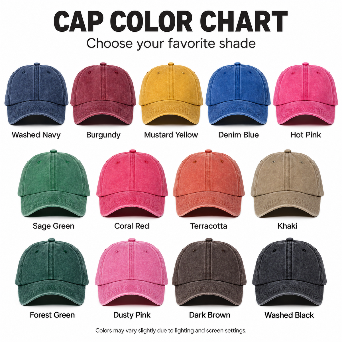 Tennis Club Hat colour chart — every available cap colour