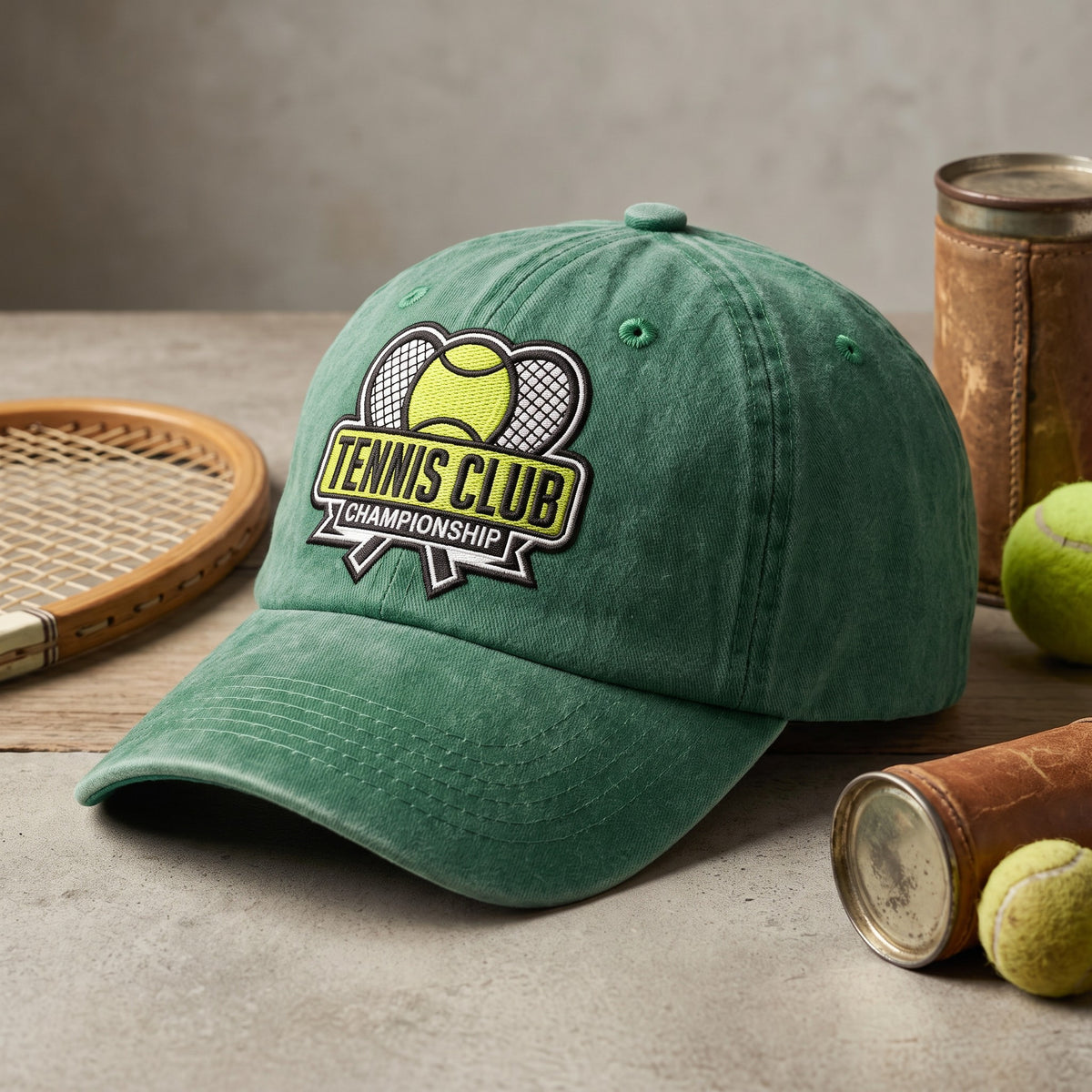 Tennis Club Hat styled flat lay, embroidery detail