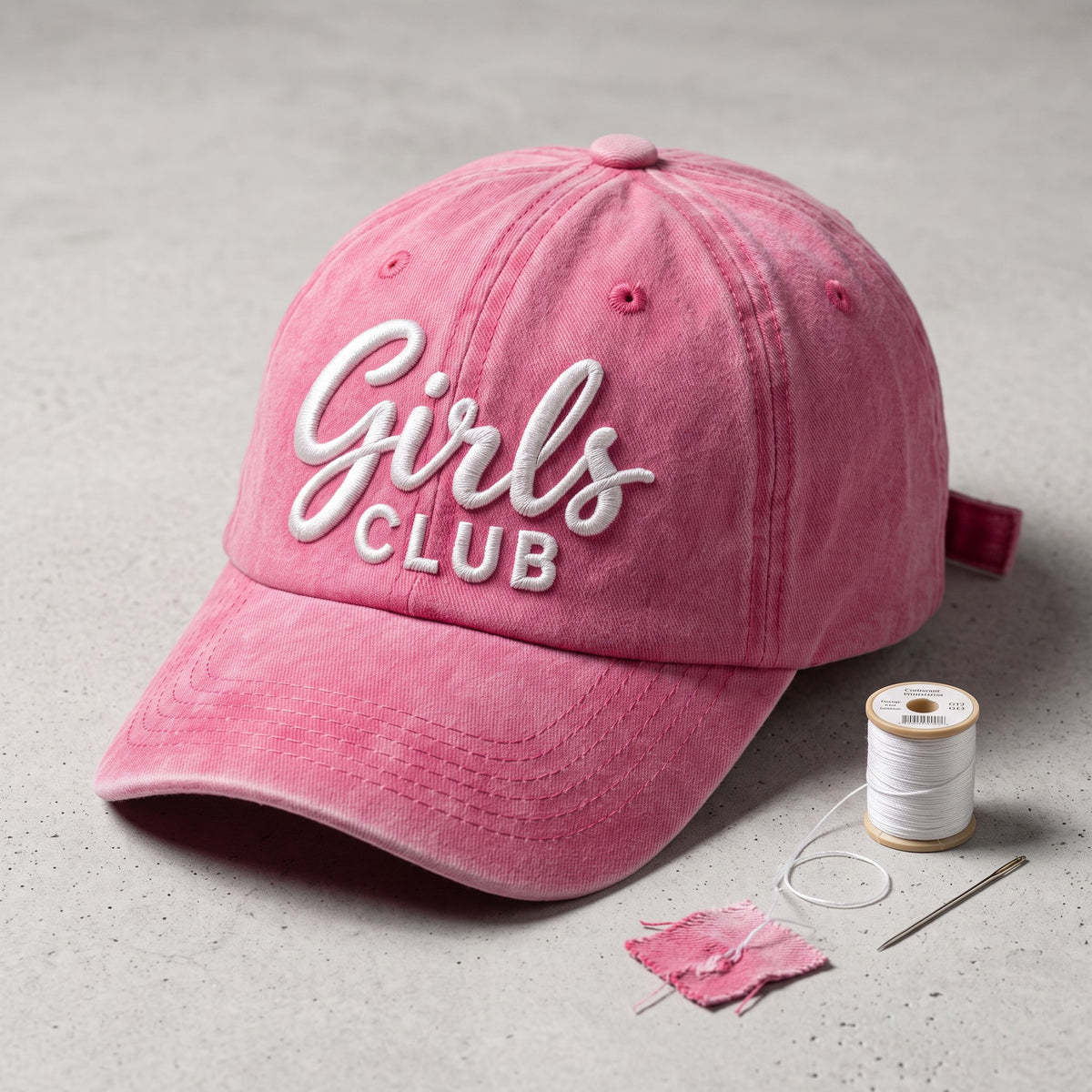 Girls Club Hat styled flat lay, embroidery detail