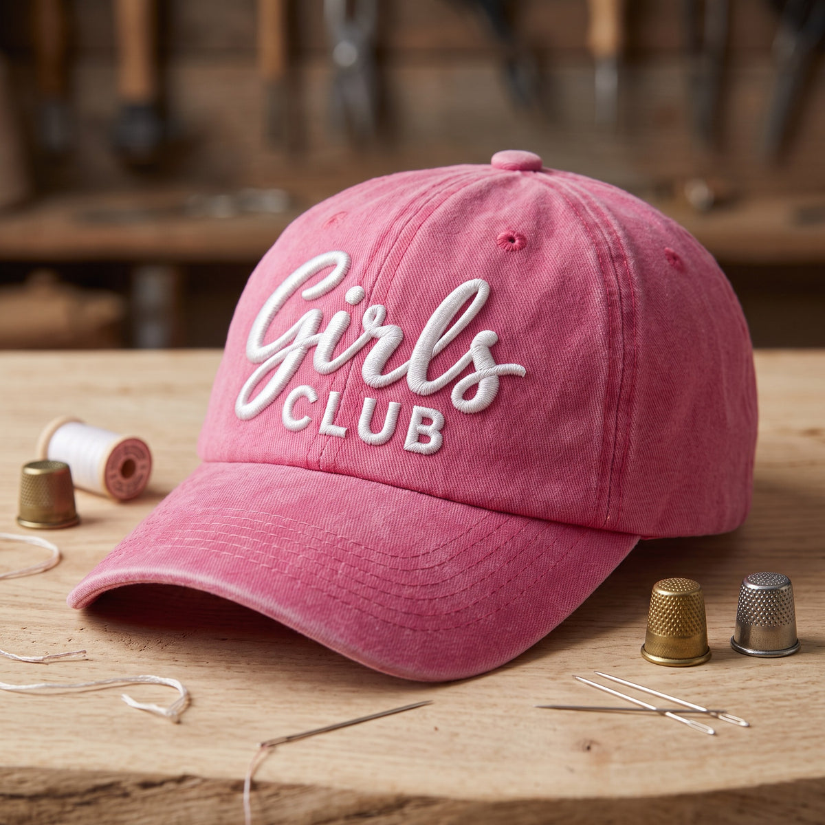 Girls Club Hat styled flat lay, embroidery detail