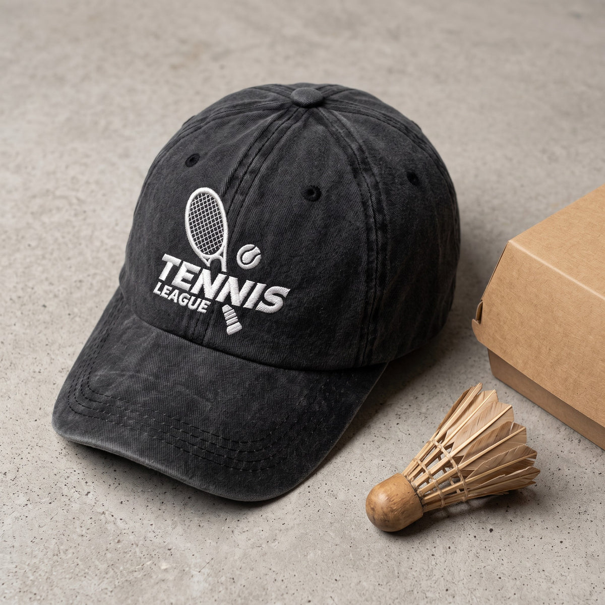 Tennis League Hat styled flat lay, embroidery detail
