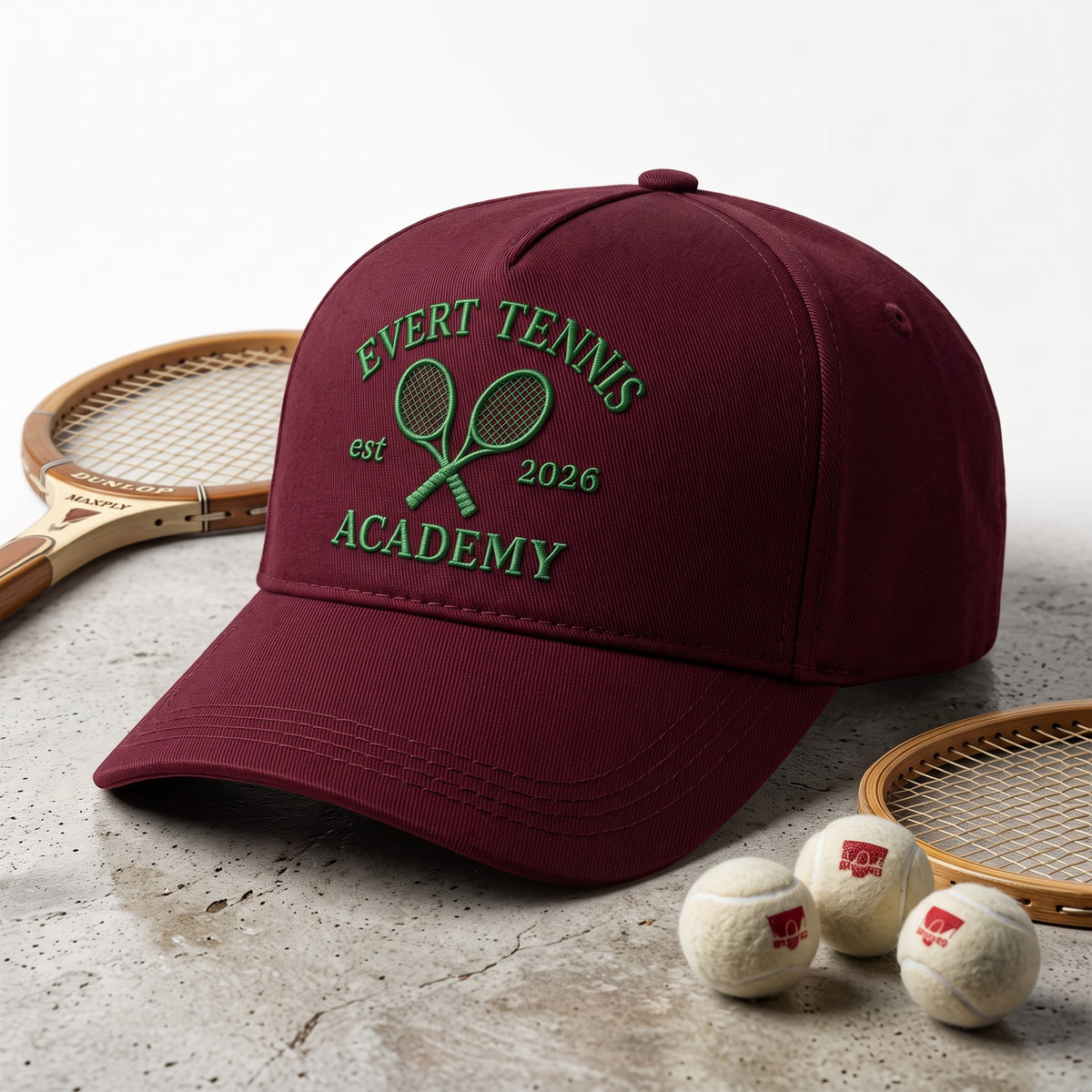 Tennis Academy Hat styled flat lay, embroidery detail