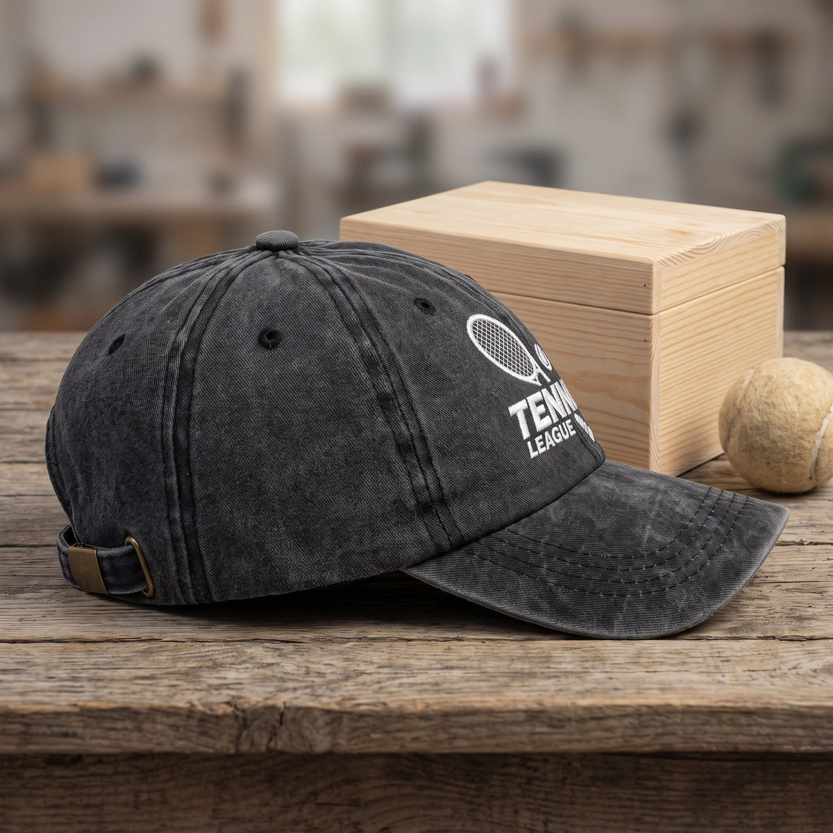 Tennis League Hat styled flat lay, embroidery detail