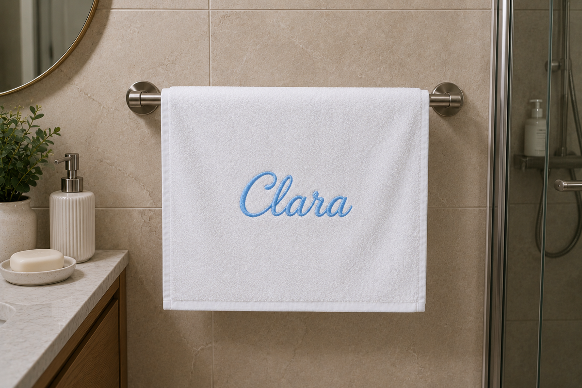Clara personalized bamboo hand towel, sky blue script embroidery on white — photo 2