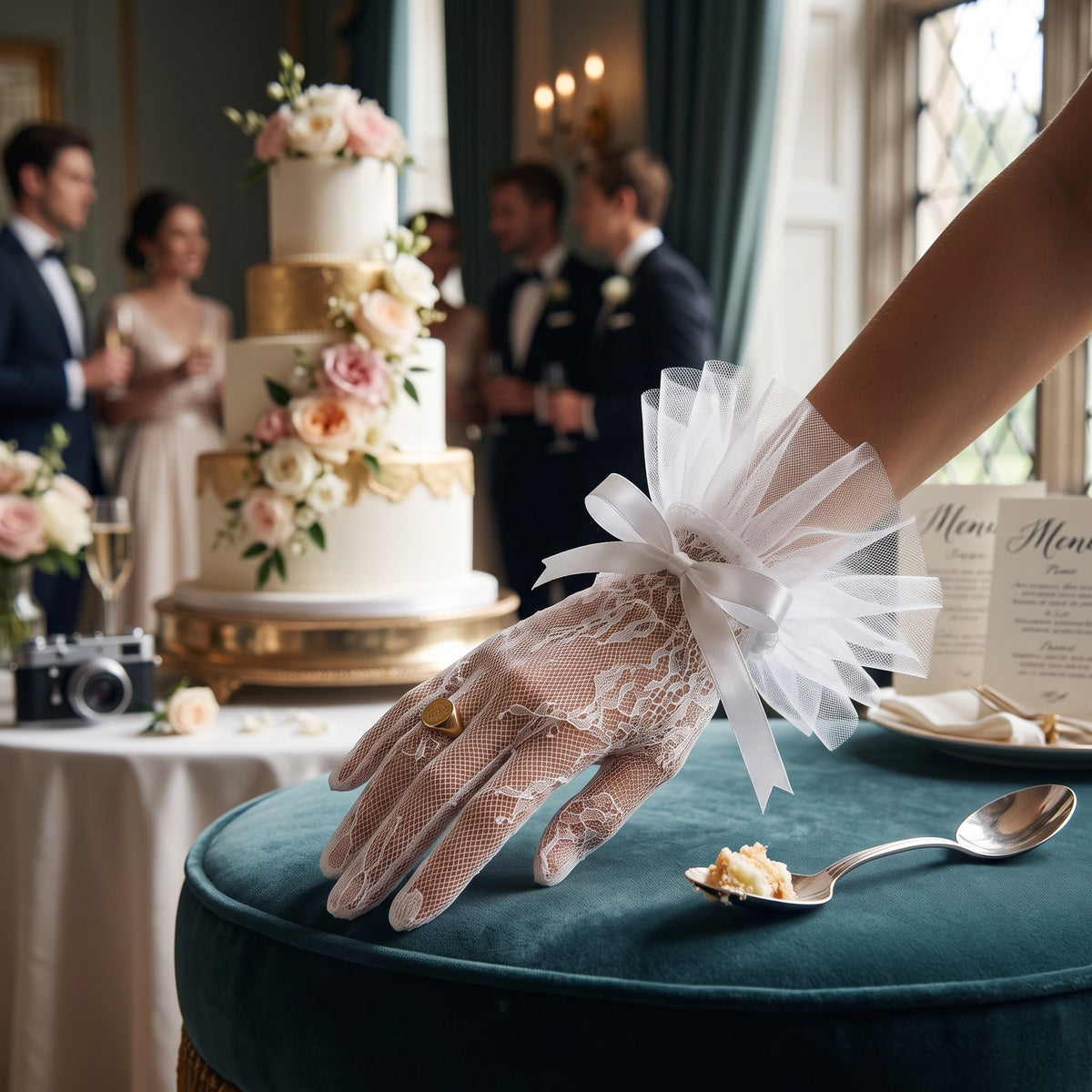 White floral lace wrist gloves with a crisp pleated tulle fan cuff and satin bow.
