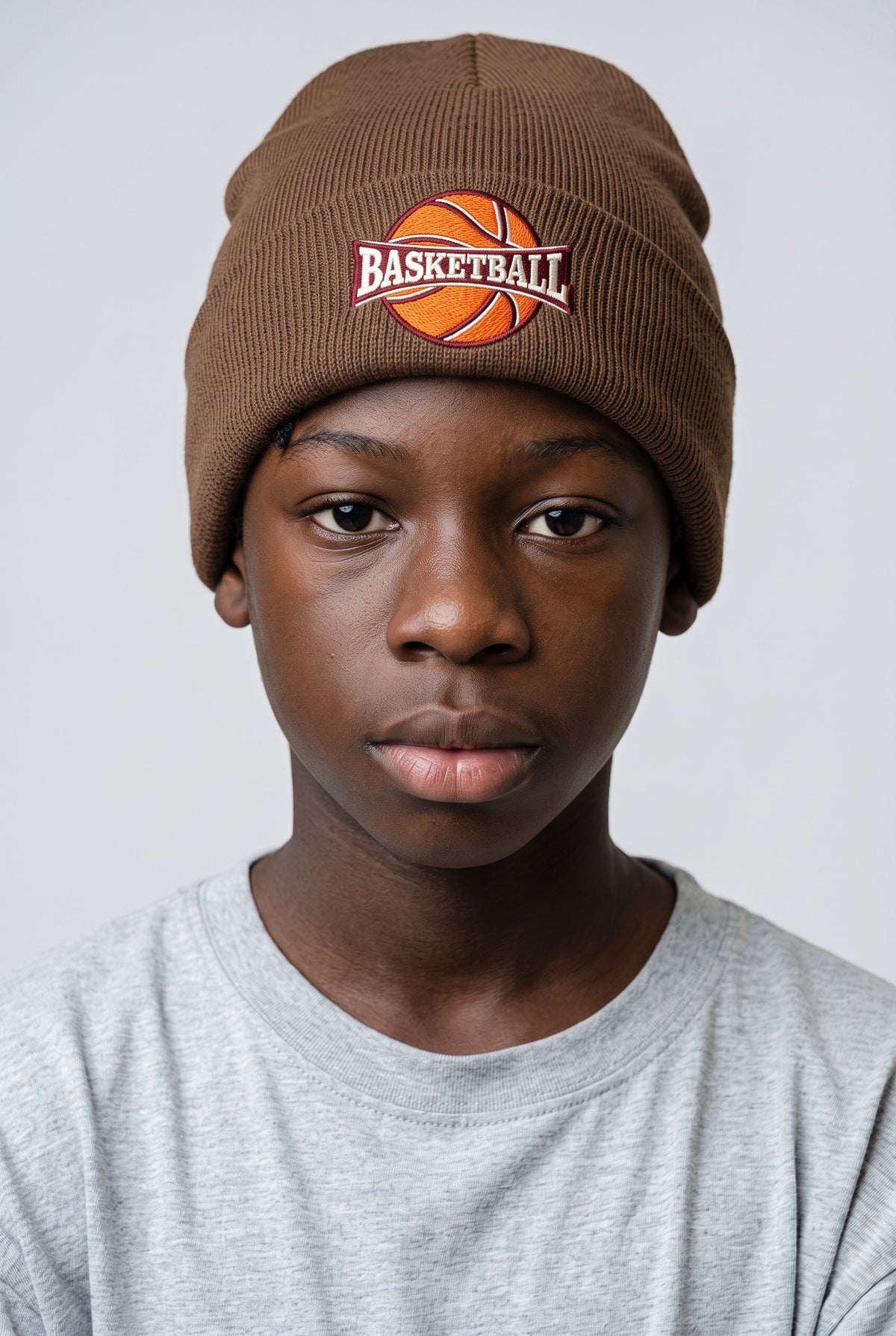 Model wearing a mocha Eddia beanie with custom cuff embroidery