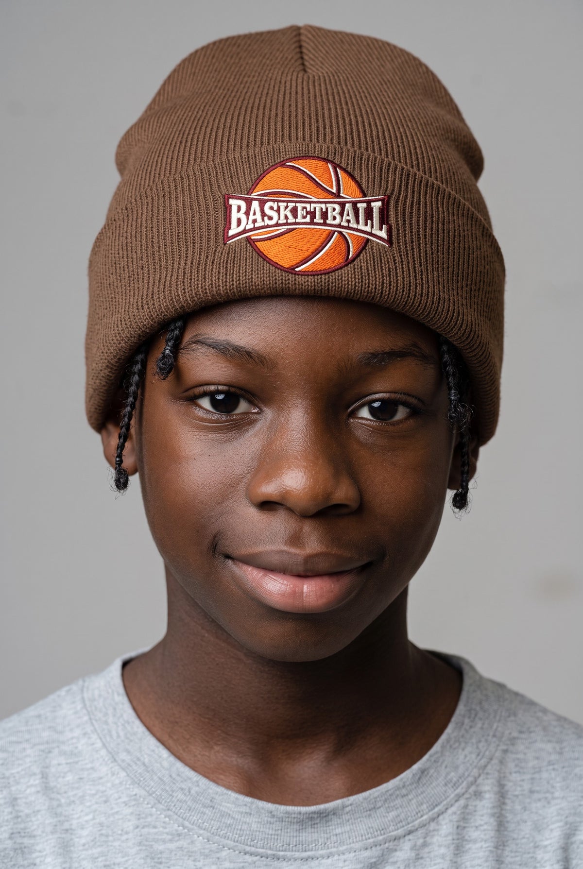Model wearing a mocha Eddia beanie with custom cuff embroidery