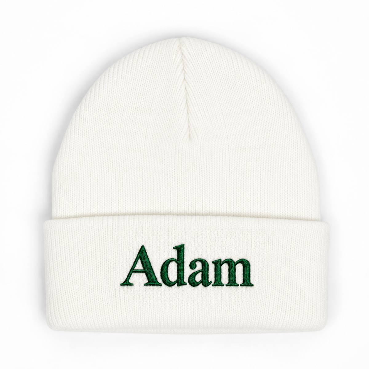 White beanie with custom embroidery on the cuff