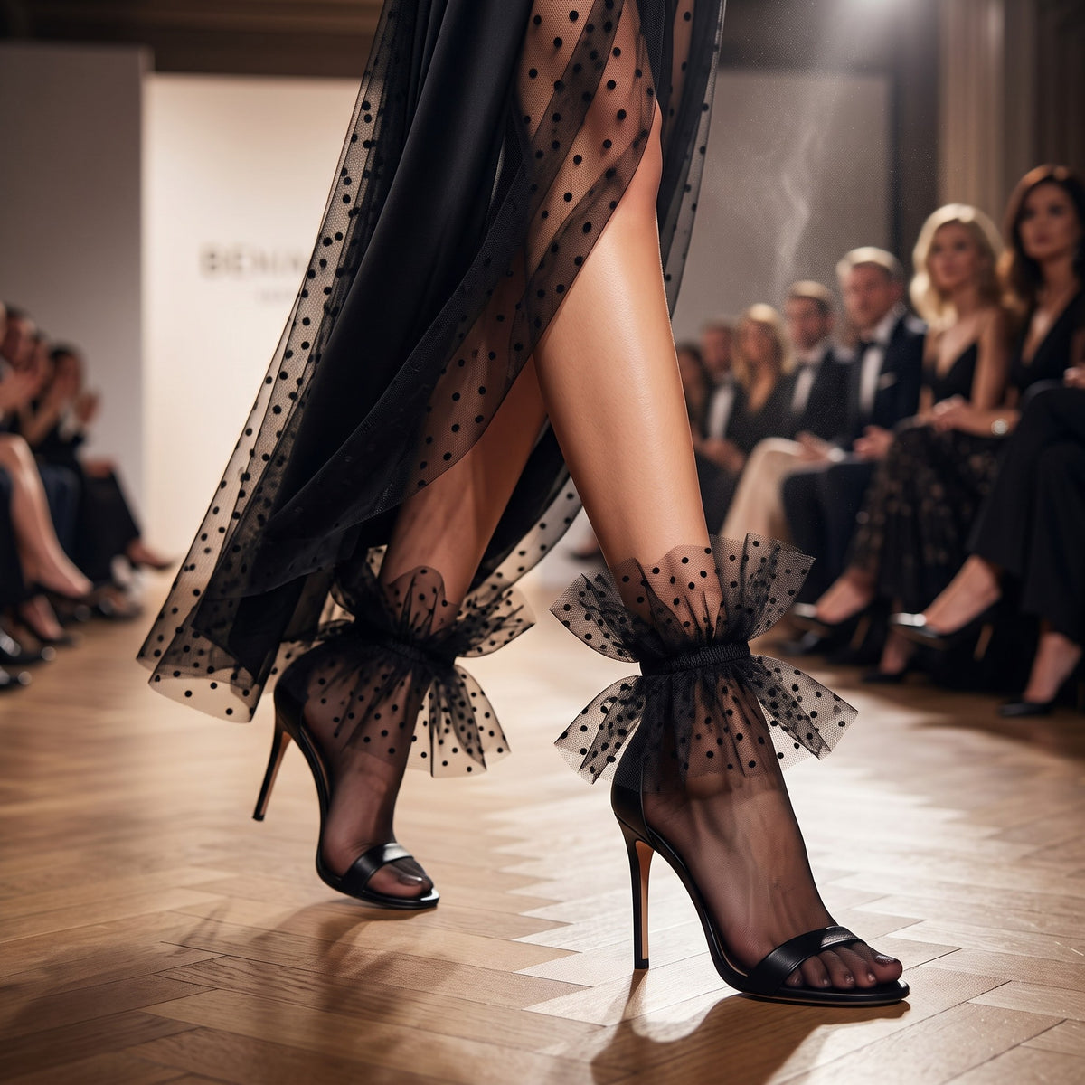 Black Polka Dot Tulle Ankle Cuffs, worn with black heels on a fashion runway