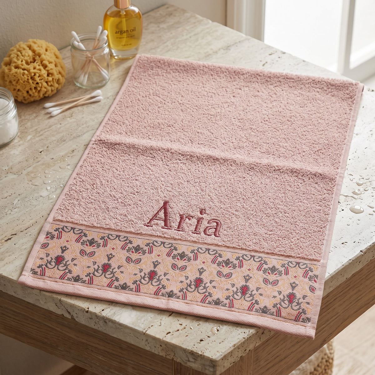 Aria personalized hair towel, dusty rose serif embroidery on blush pink cotton with a patterned border — photo 4