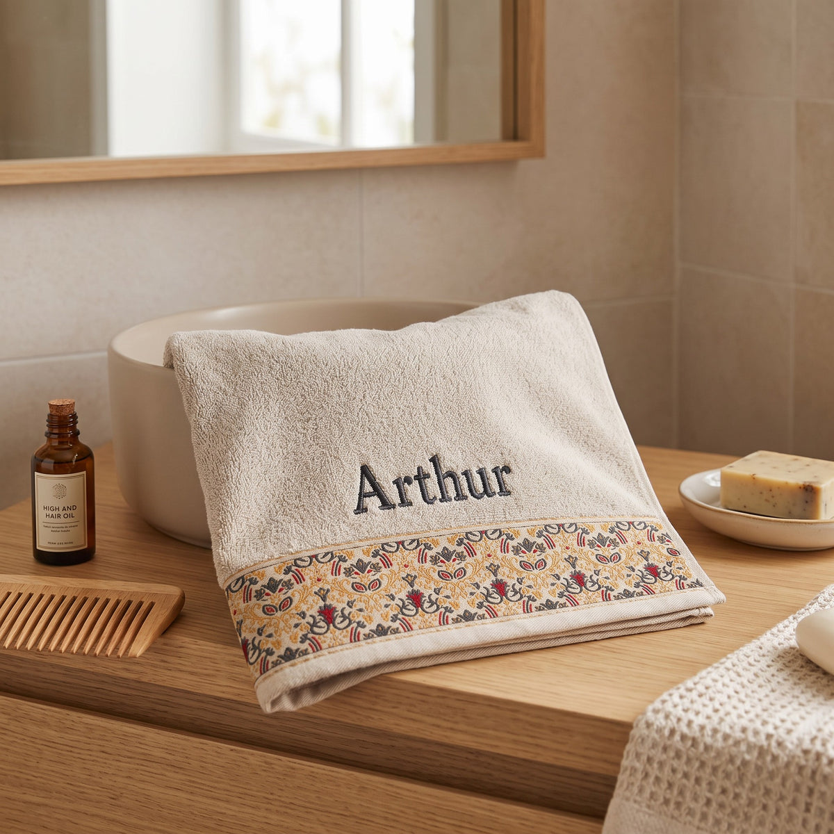 Arthur personalized hair towel, charcoal grey serif embroidery on cream cotton with a patterned border — photo 4