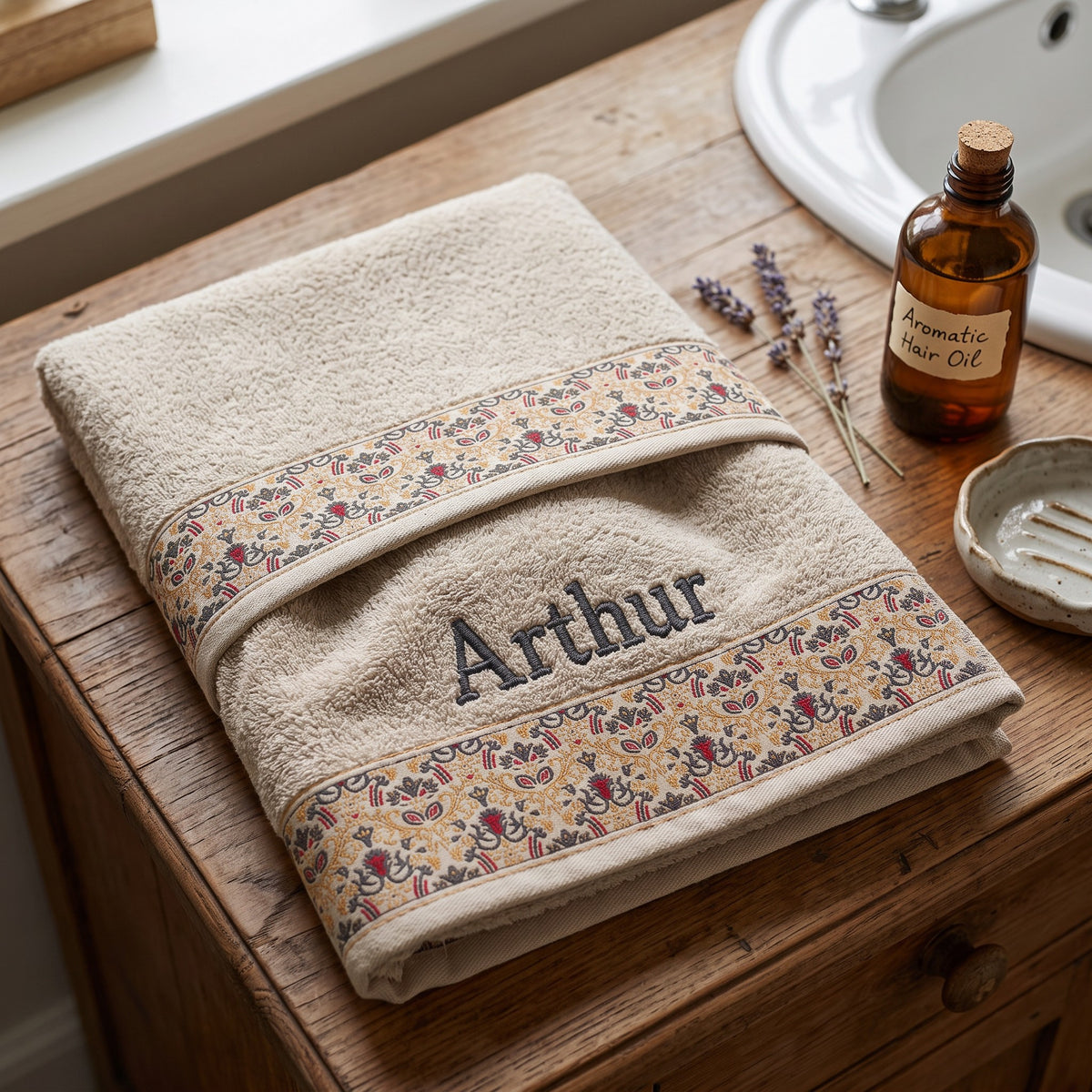 Arthur personalized hair towel, charcoal grey serif embroidery on cream cotton with a patterned border — photo 6