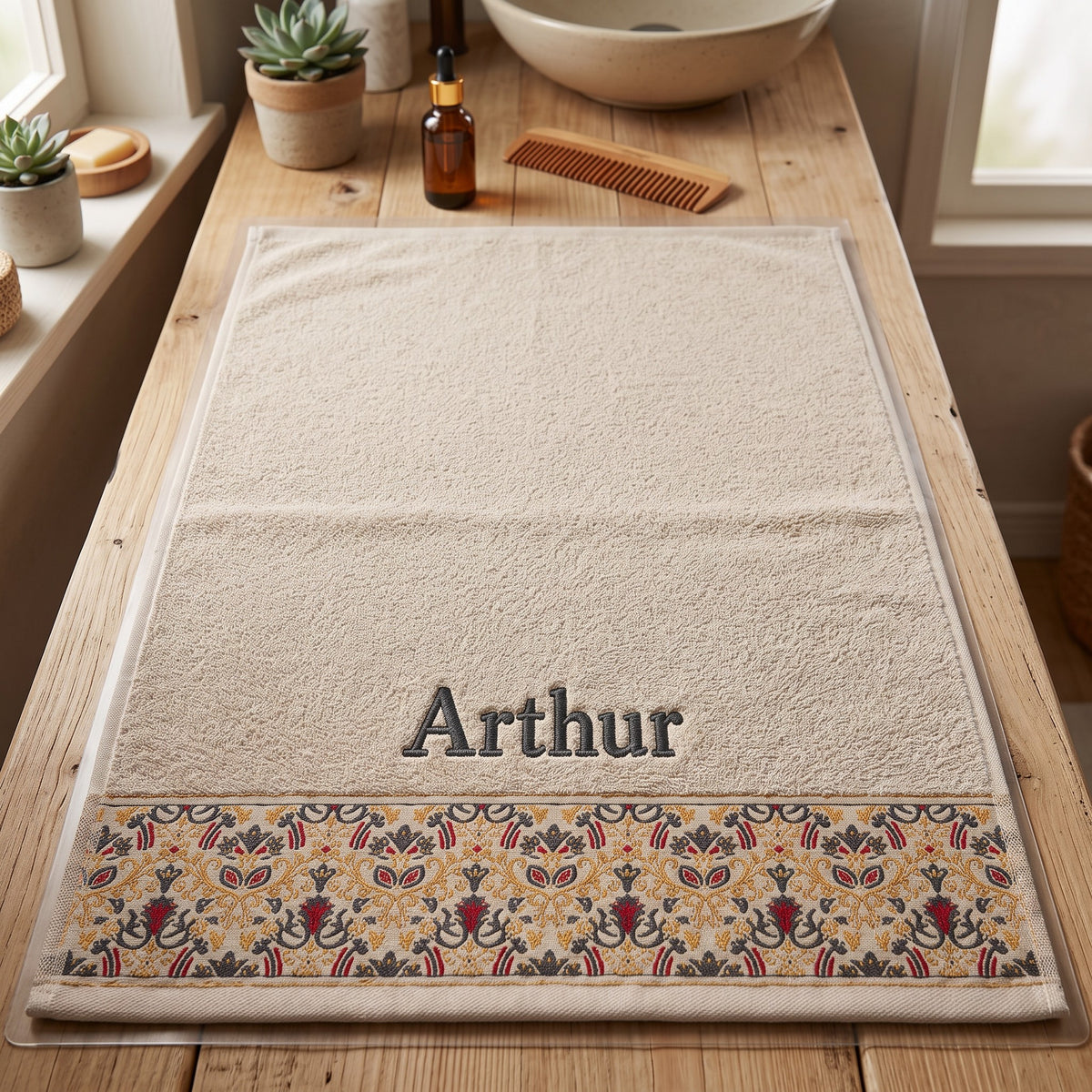 Arthur personalized hair towel, charcoal grey serif embroidery on cream cotton with a patterned border — photo 8