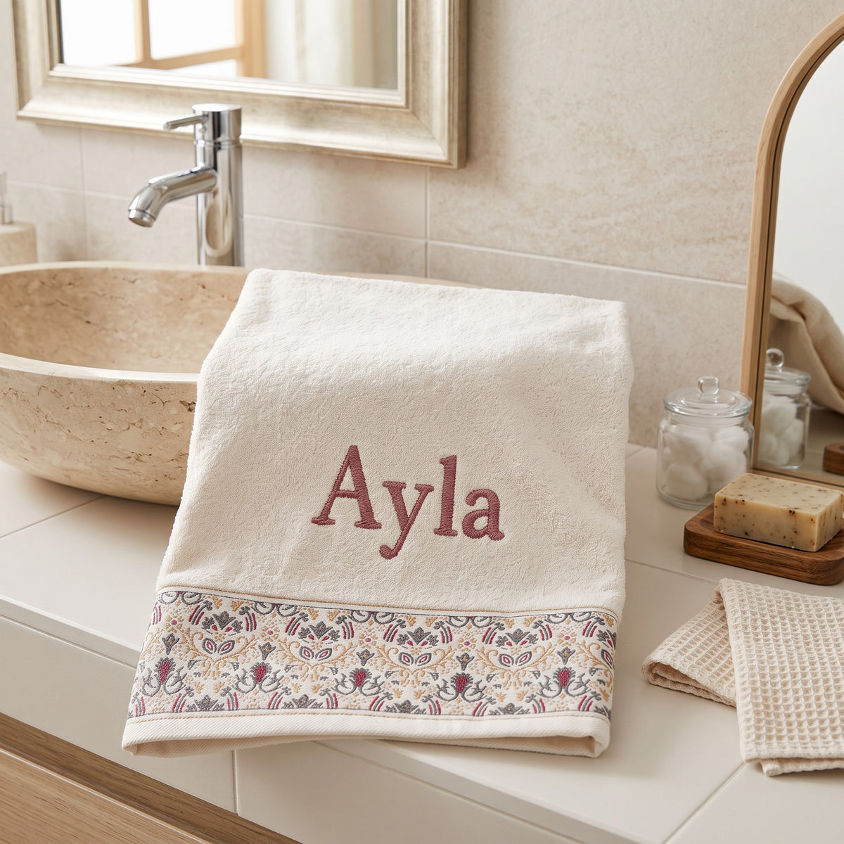 Ayla personalized hair towel, dusty rose serif embroidery on ivory cotton with a patterned border — photo 3