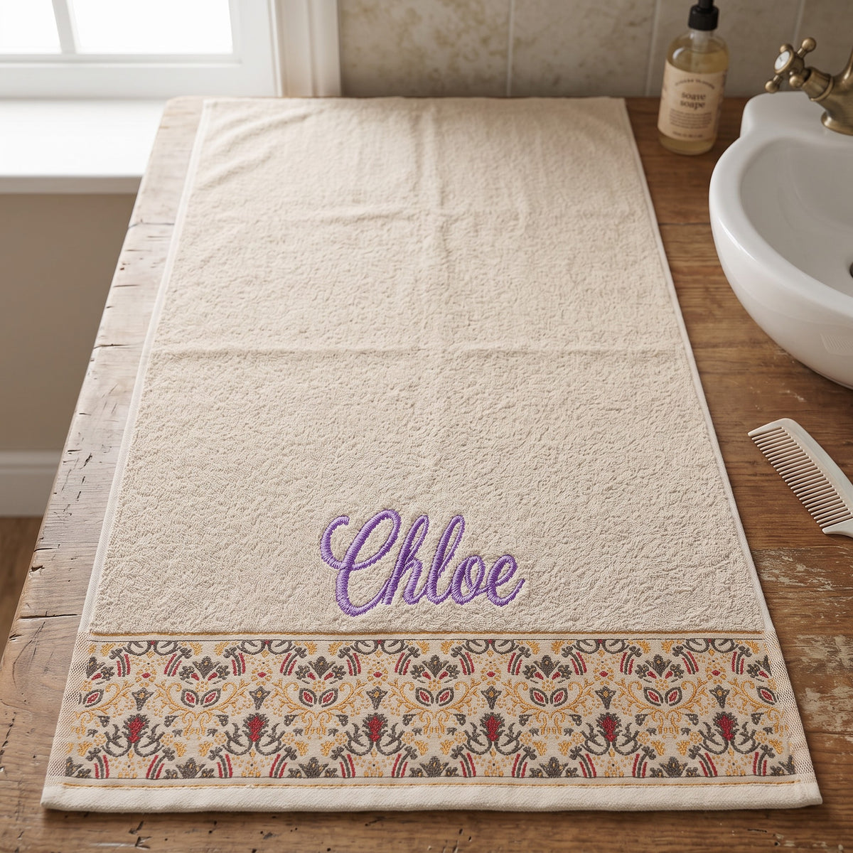 Chloe personalized hair towel, purple script embroidery on cream cotton with a patterned border — photo 3