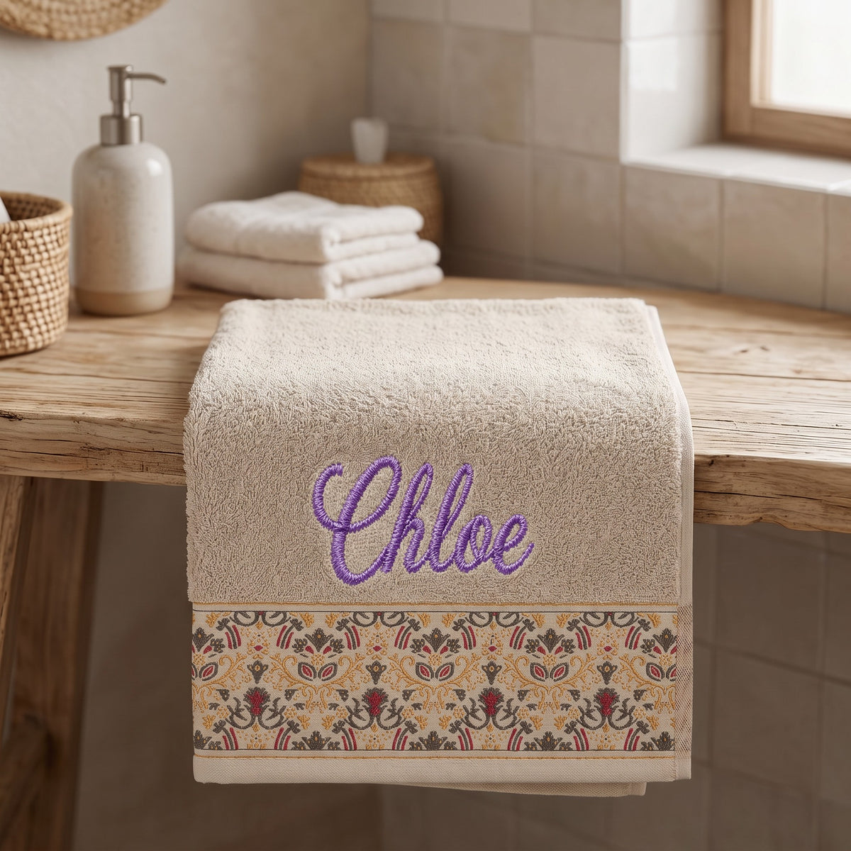 Chloe personalized hair towel, purple script embroidery on cream cotton with a patterned border — photo 5