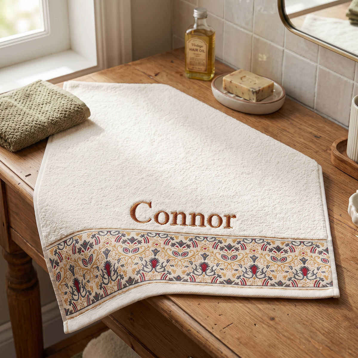 Connor personalized hair towel, copper brown serif embroidery on ivory cotton with a patterned border — photo 4