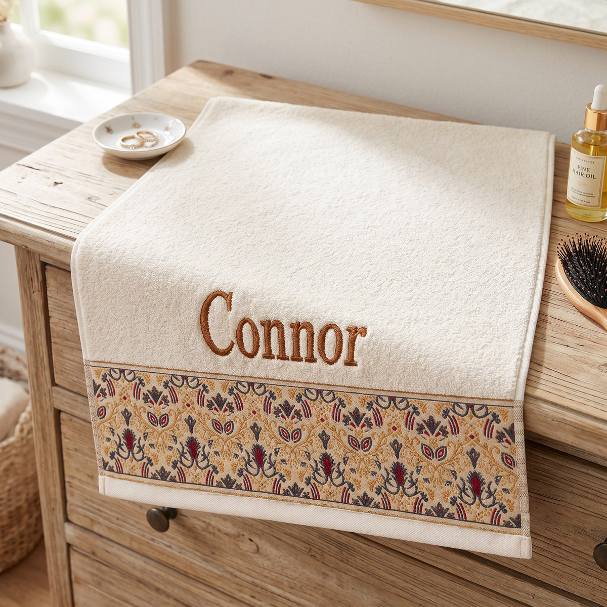 Connor personalized hair towel, copper brown serif embroidery on ivory cotton with a patterned border — photo 5