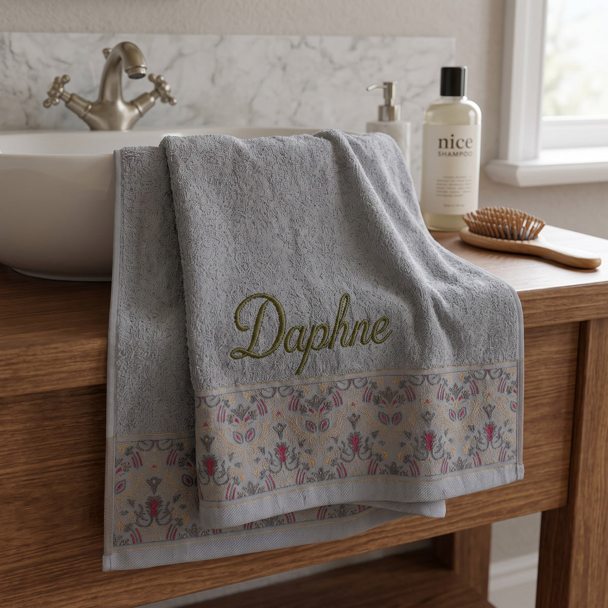 Daphne personalized hair towel, olive green script embroidery on light gray cotton with a patterned border — photo 5