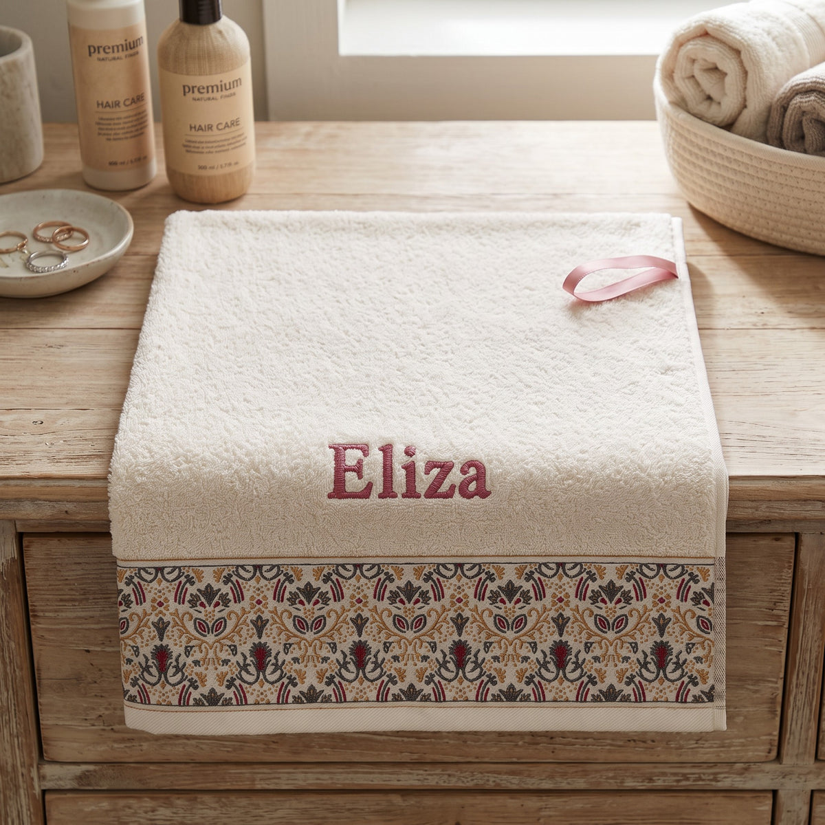 Eliza personalized hair towel, rose pink serif embroidery on ivory cotton with a patterned border — photo 3