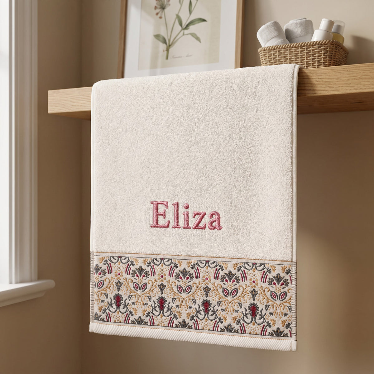 Eliza personalized hair towel, rose pink serif embroidery on ivory cotton with a patterned border — photo 5