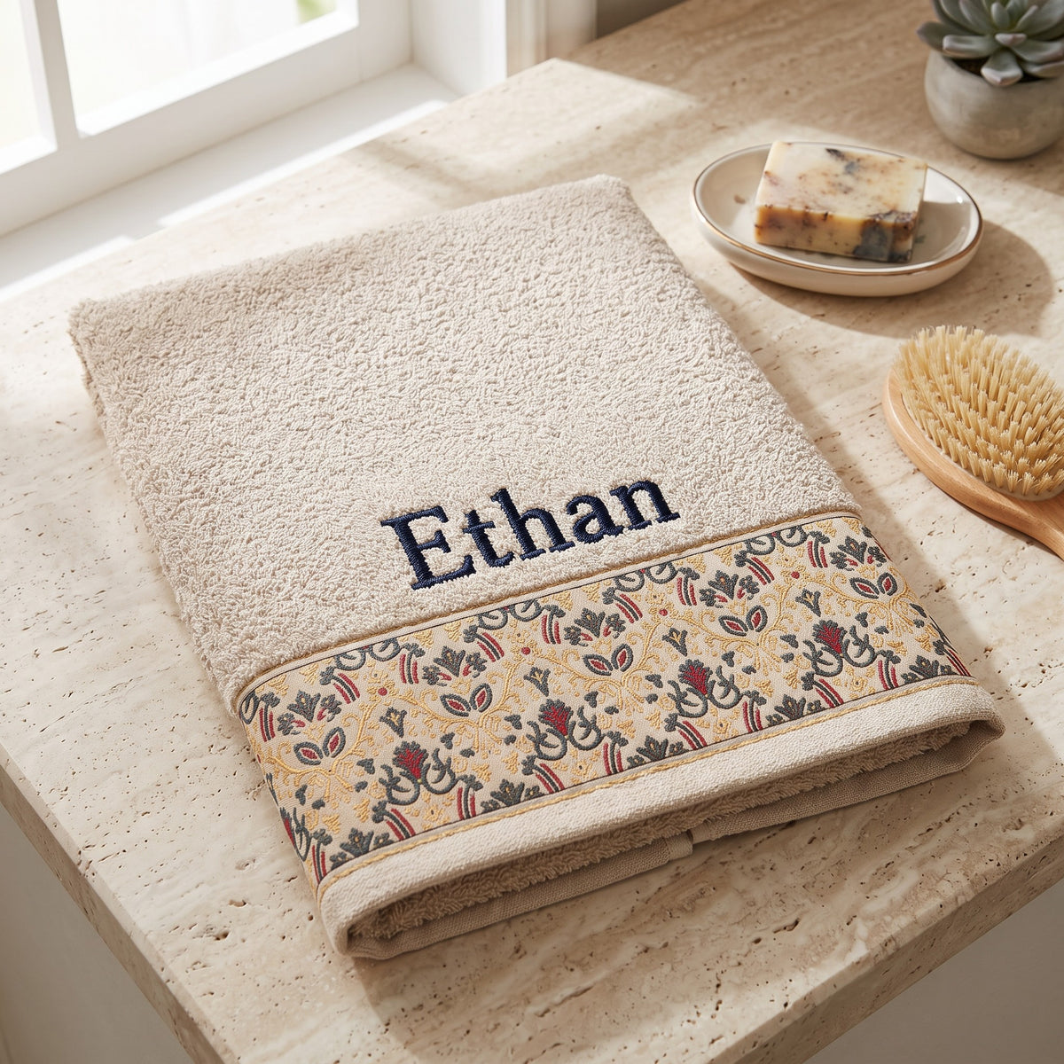 Ethan personalized hair towel, navy serif embroidery on cream cotton with a patterned border — photo 3