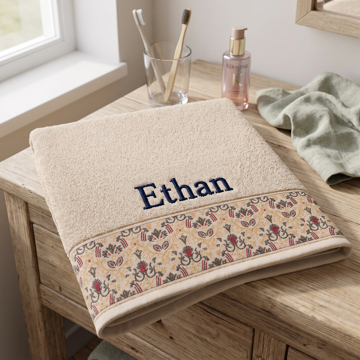 Ethan personalized hair towel, navy serif embroidery on cream cotton with a patterned border — photo 8