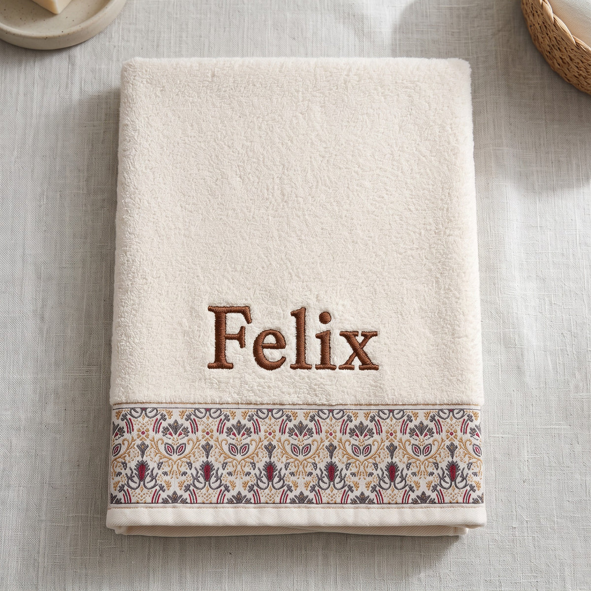 Felix personalized hair towel, brown serif embroidery on ivory cotton with a patterned border — photo 4