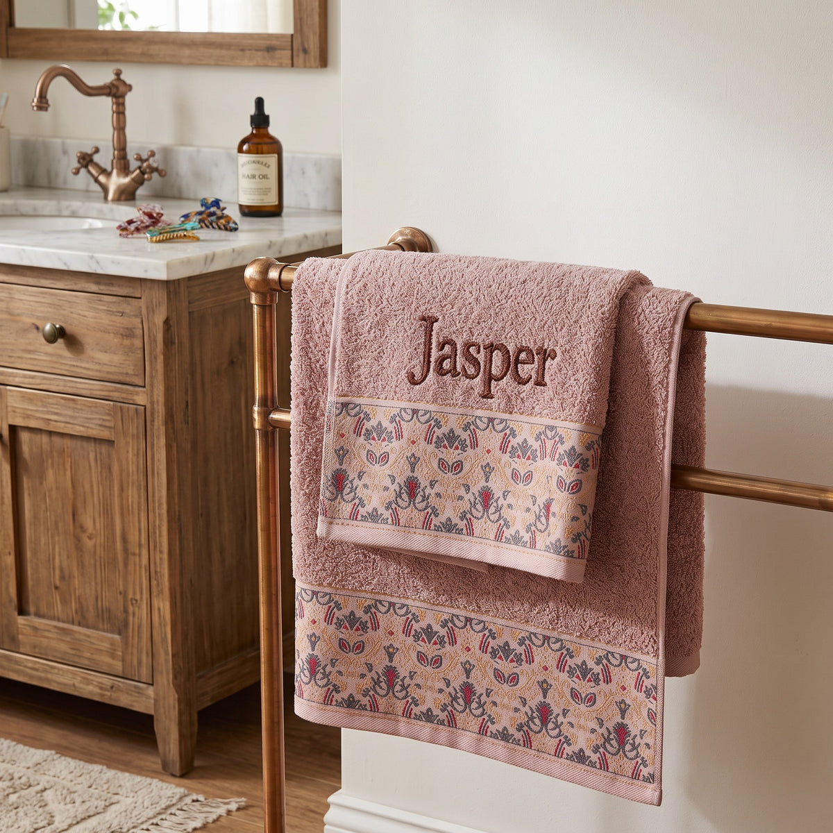 Jasper personalized hair towel, chocolate brown serif embroidery on blush pink cotton with a patterned border — photo 2