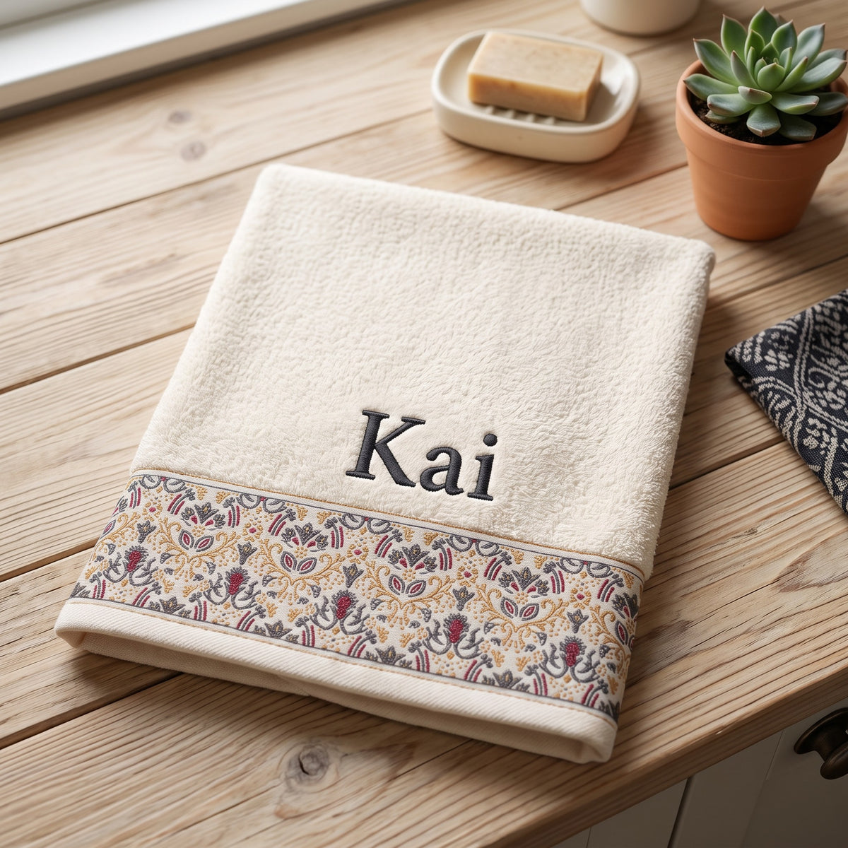 Kai personalized hair towel, black serif embroidery on ivory cotton with a patterned border — photo 4