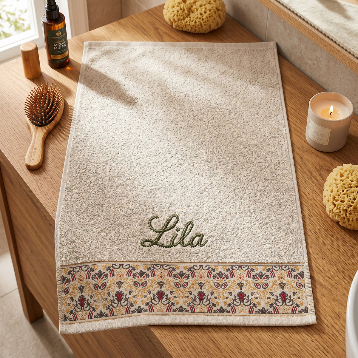 Lila personalized hair towel, olive green script embroidery on cream cotton with a patterned border — photo 4
