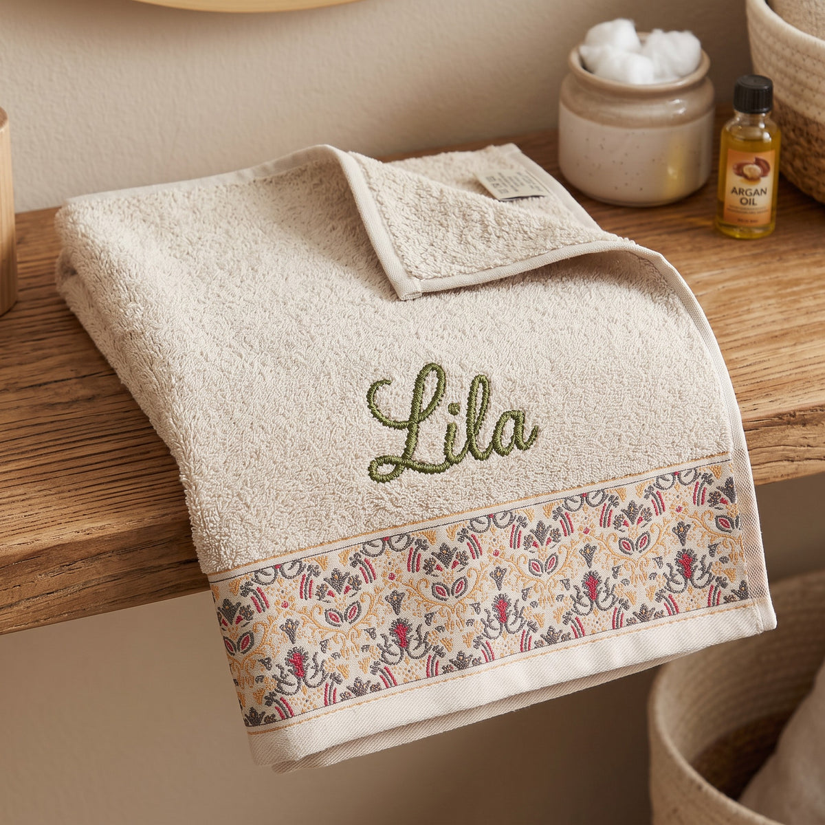 Lila personalized hair towel, olive green script embroidery on cream cotton with a patterned border — photo 8