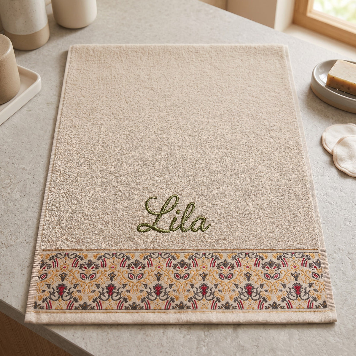 Lila personalized hair towel, olive green script embroidery on cream cotton with a patterned border — photo 9