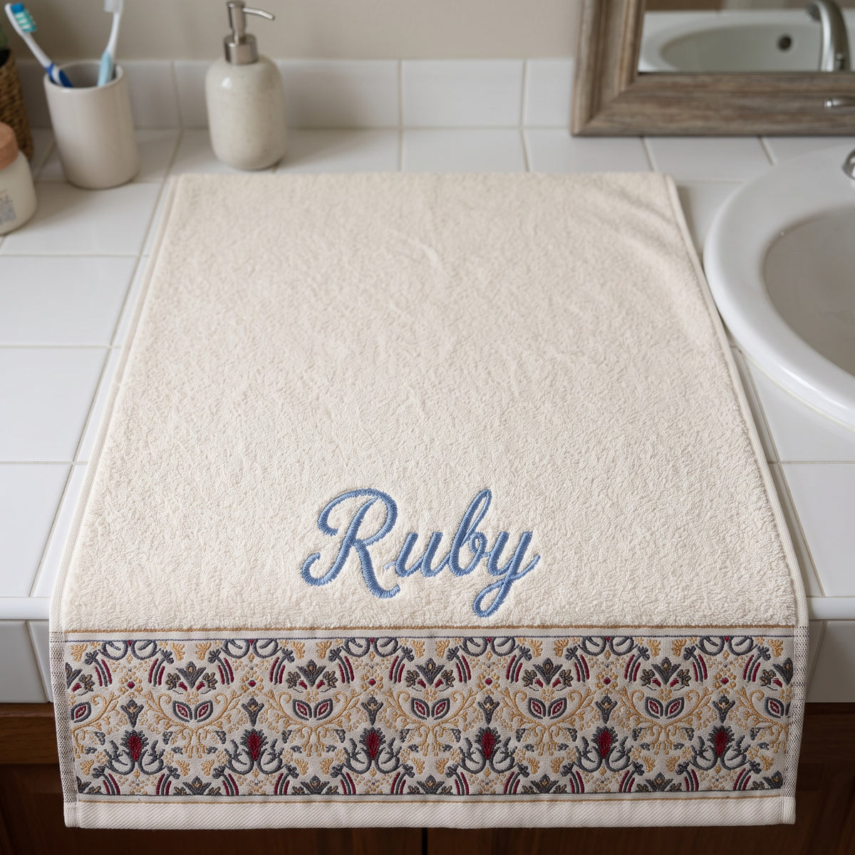 Ruby personalized hair towel, light blue script embroidery on ivory cotton with a patterned border — photo 4