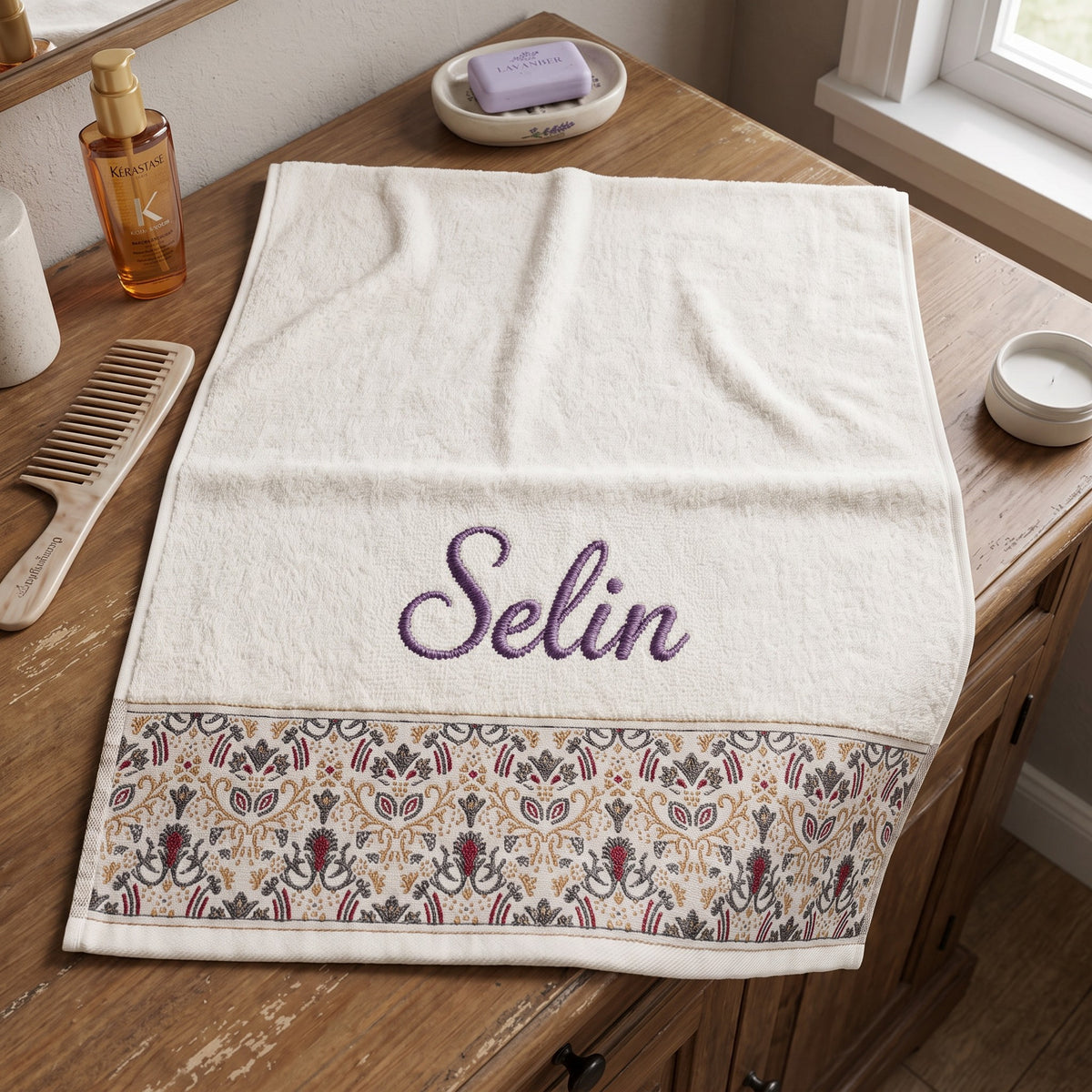 Selin personalized hair towel, purple script embroidery on ivory cotton with a patterned border — photo 3