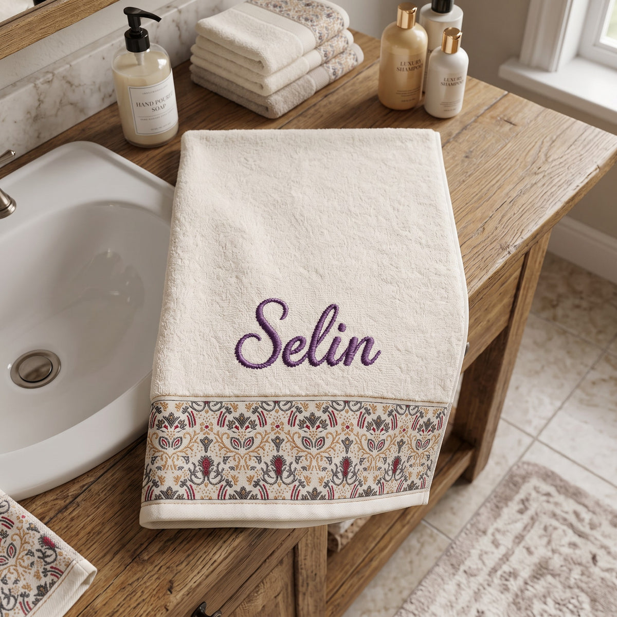 Selin personalized hair towel, purple script embroidery on ivory cotton with a patterned border — photo 5