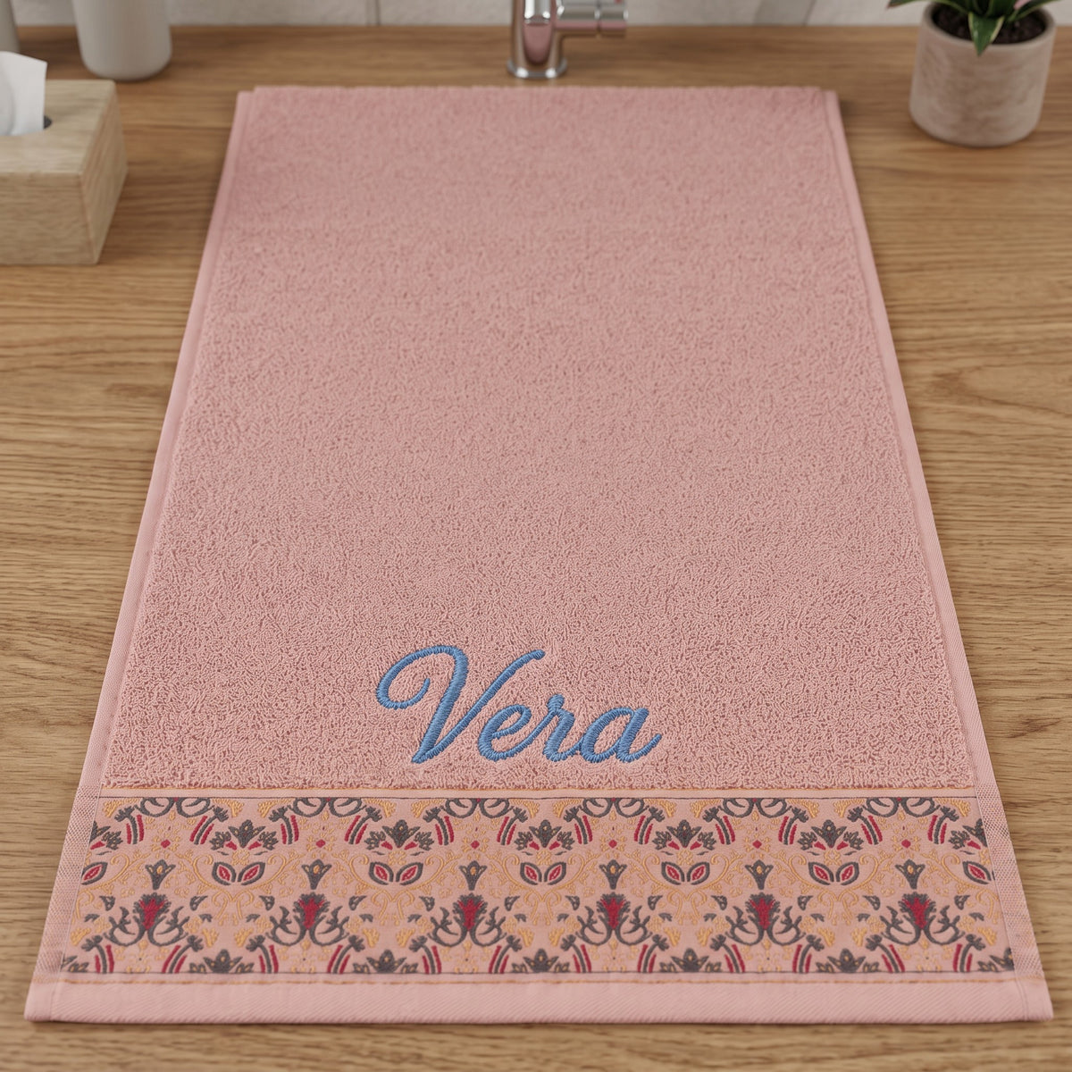 Vera personalized hair towel, blue script embroidery on blush pink cotton with a patterned border — photo 4