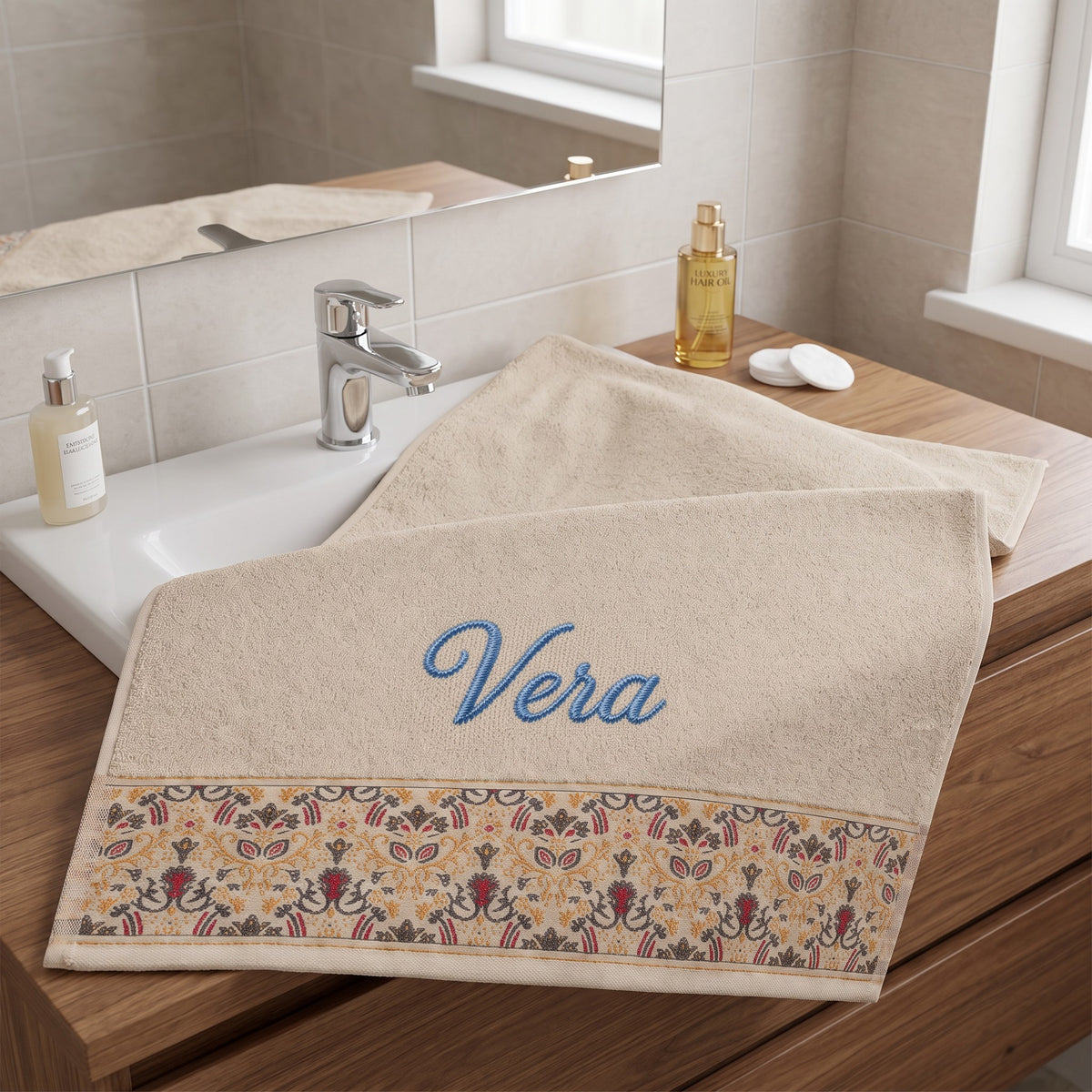 Vera personalized hair towel, blue script embroidery on cream cotton with a patterned border — photo 3